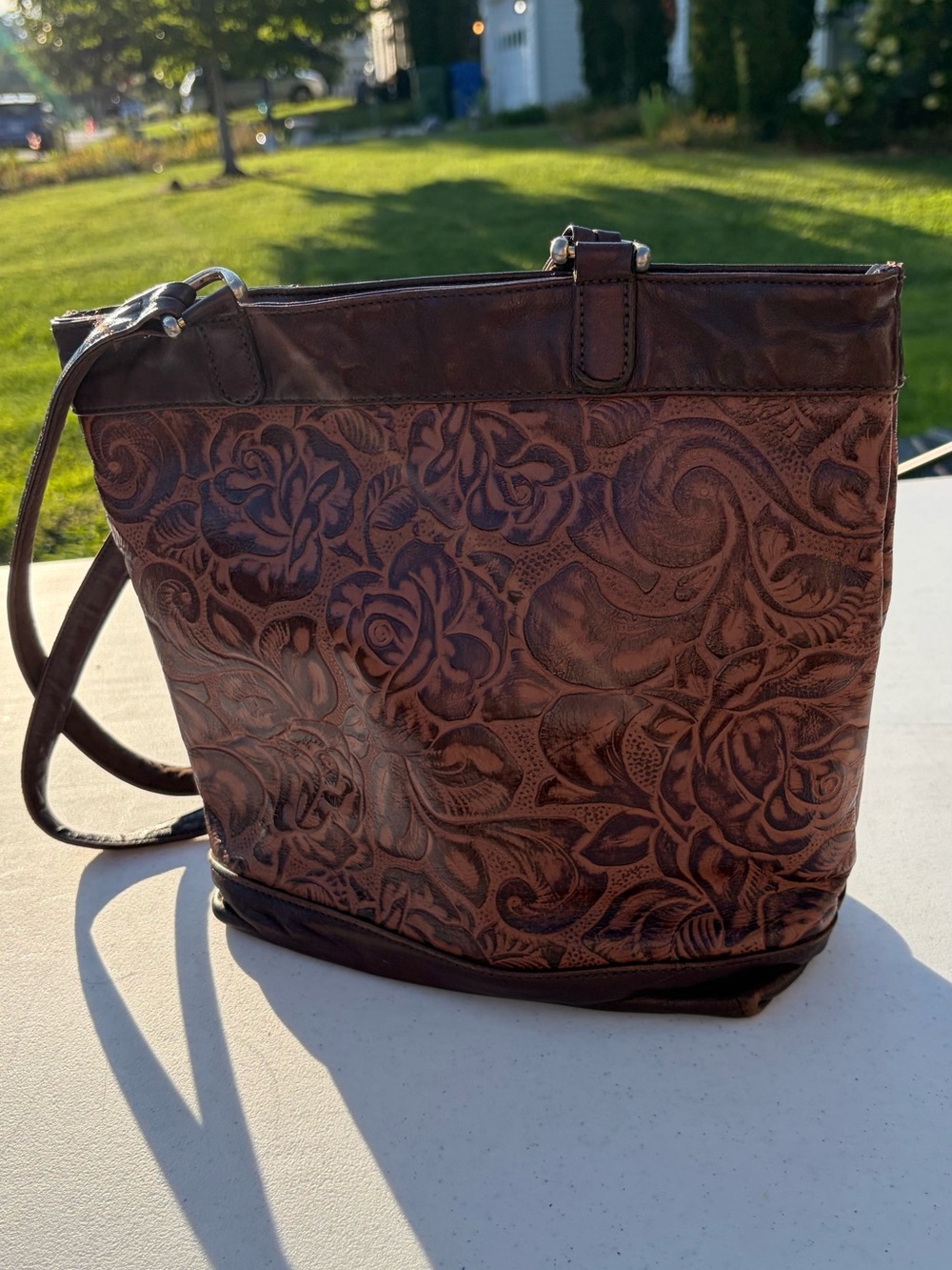 Leather Floral Tooled Crossbody Bag - Brown